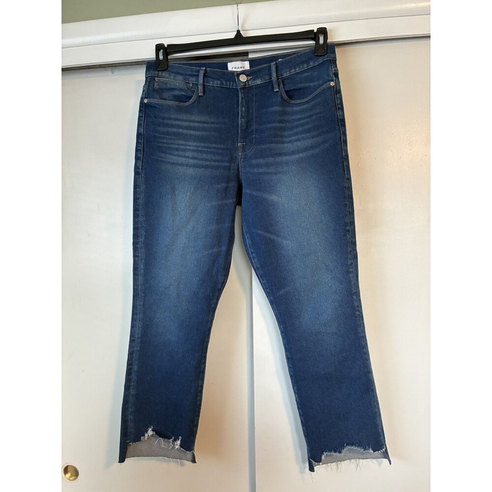 Frame Jeans size 32 Le High Straight medium wash stretch frayed hem